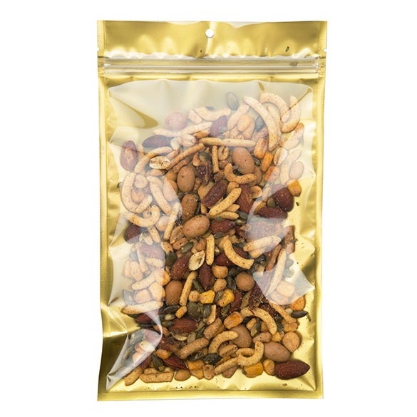 Beef jerky will stay fresh in these metallic gold barrier bags
